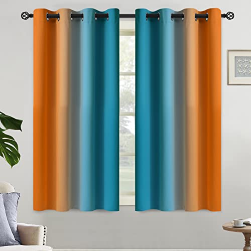 Yakamok Orange and Blue Blackout Curtains, Ombre Full Room Darkening Window Curtains for Living Room,Grommet Thermal Insulated Drapes,Light Blocking Curtains for Girls Bedroom,52x54 Inch, 2 Panels
