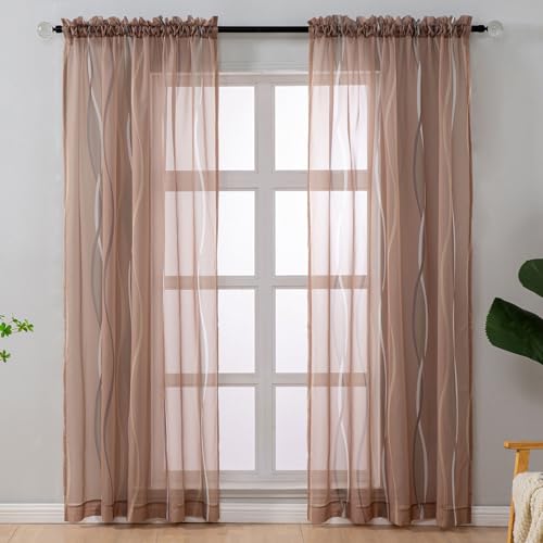 L.Z.E Taupe and White Sheer Curtains 96 Inch Long 2 Panels Set for Living Room, Voile Sheer Curtains & Drapes for Bedroom Dining Room Kids Room Modern Rod Pocket Wave Pattern Window Sheers (55W x 96L)