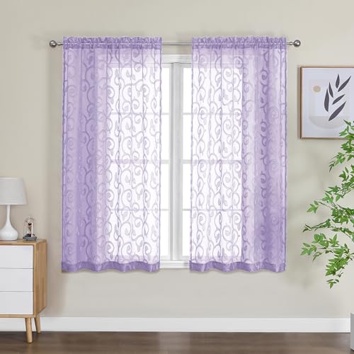 OWENIE Furman Light Purple Sheer Curtains 54 Inch Length 2 Panels Set for Living Room Bedroom, Jacquard Clip Short Curtains for Small Window, Modern Rod Pocket Bathroom Window Curtain 42W inch 54L