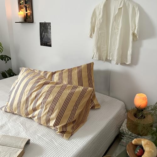 mixinni King Size Striped Pillowcases Set - 2 Pack 100% Cotton Rust & Beige Striped Pillow Covers with Envelope Closure - Classic Vintage Modern Bedding - Fits King (Pillows Not Included)