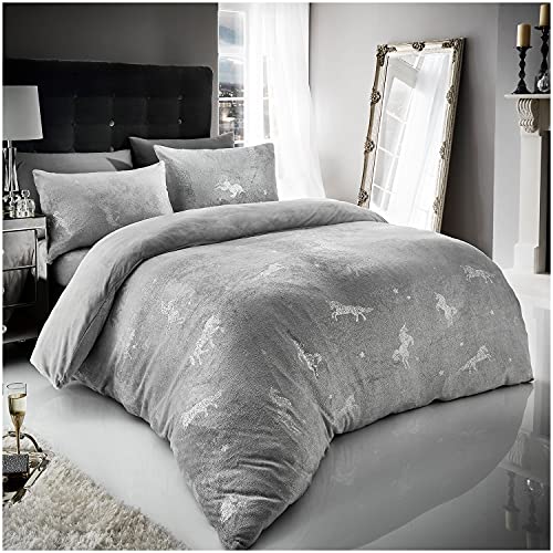 GC GAVENO CAVAILIA Teddy Fleece Duvet Cover, Fluffy Fitted Sheet, Warm Cozy Ultra Soft Bed Set, Polyester, Unicorn-Grey, Single
