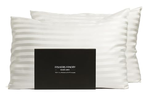 Fishers Finery 30mm 100% Pure Mulberry Silk Pillowcase 2 Pack, Quality Tested (White Stripe, Queen, 2 Pack)