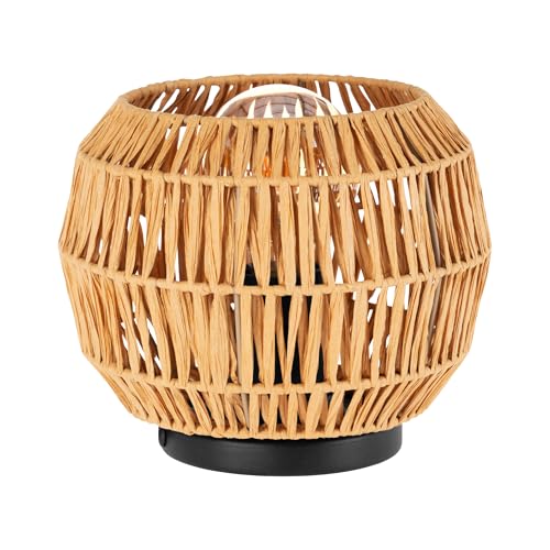 Eglo Boho Bedside lamp Sheldon, Round Table Light Fitting, Decorative Living Room and Bedroom Lighting, Raffia Paper lampshade, E27 Socket, Ø 21 cm