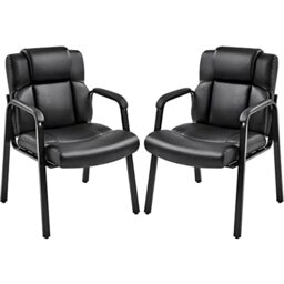 Yaheetech Leather Office Guest Waiting Reception Chairs with Extra-wide Thick Seat Cushion and Padded Arms, For Office Home Conference Meeting Room, Set of 2, Black