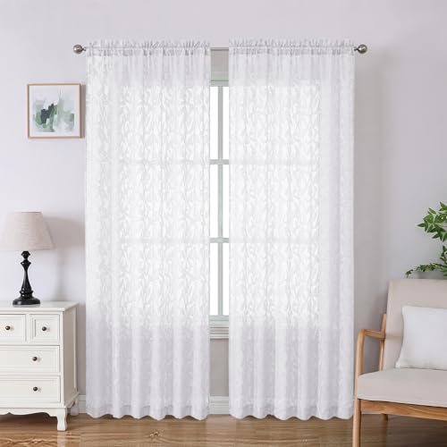"Lecloud Leia White Sheer Curtains 84 Inches Long 2 Panels, Airy Voile Jacquard Leaf Textured Curtains, Semi Sheer Farmhouse Rod Pockets Curtain Drapes for Bedroom Living Room, 52"" W x 84"" L"