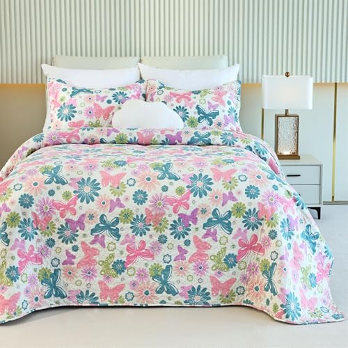 Cmfshape Romantic Pink&Blue Quilt Set Queen Size,Reversible Bedspread Coverlet 3-Piece,Floral Bed Cover Set with Pillow Shams,Lightweight Microfiber Bedding Set for All Season (Pink&Blue,90x90)