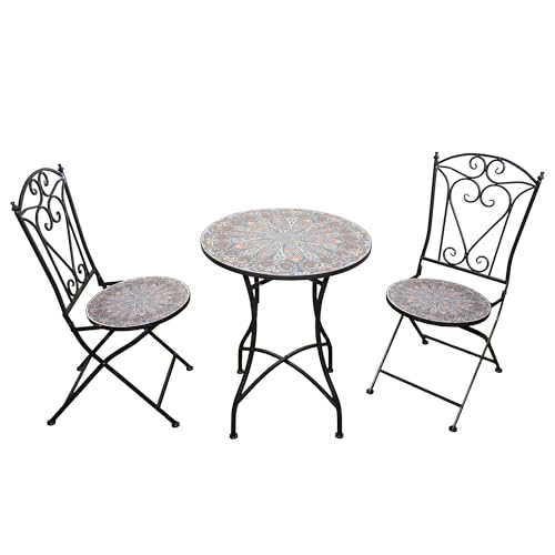 Mosaic Bistro Set 3 Pieces - 2 Folding Chairs and Round Table 60cm Cairo Metal Outdoor Garden Furniture Set for Balcony, Terrace, Porch, Outdoor Dining