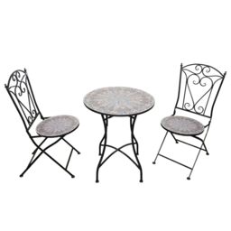 Mosaic Bistro Set 3 Pieces - 2 Folding Chairs and Round Table 60cm Cairo Metal Outdoor Garden Furniture Set for Balcony, Terrace, Porch, Outdoor Dining