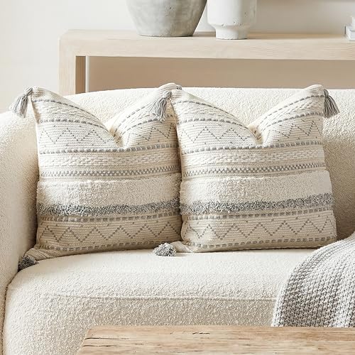 BlissBlush Gray Decorative Throw Pillow Cover 18X18 Combo Set of 2 Square Boho Neutral Grey Accent Pillowcase Tassels Farmhouse Cushion for Couch Sofa Bedroom Living Room Home Décor Cover ONLY