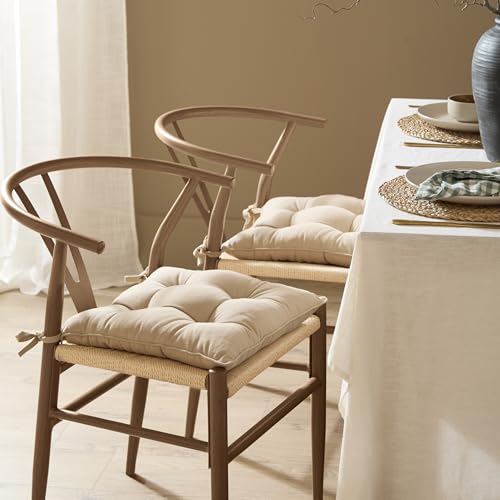 Yard furn Slub Cotton Seat Pads – Pack of 2 – Neutral Relaxed Minimalist Soft Washed Cotton Tie Chair Cushions (Linen – 40x40cm)