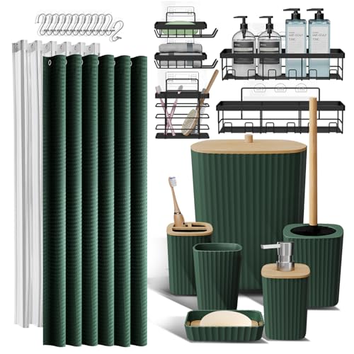 Shower Caddy and Bathroom Accessories Set 25PC Bathroom Accessory Set with Shower Shelf Caddy for Bathroom Storage, Green Shower Curtain Set, Toilet Brush, Trash Can, Soap Dispenser, Toothbrush holder