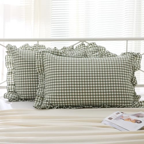 K MASANIJI 2 Pack Sage Green White Plaid Ruffle Pillow Shams Standard Size 20x26 inches, 100% Cotton Gingham Checkered Farmhouse Pillowcases for Bed/Sofa (20x26 inches, Sage Green/White Plaid)