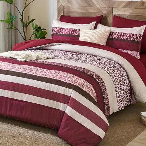 "DJY Boho Comforter Set Queen Size,7 Pieces Bed in a Bag Burgundy Red Striped Bedding Sets,Patchwork Soft Microfiber Bedding Set for All Season(90""??90"")"