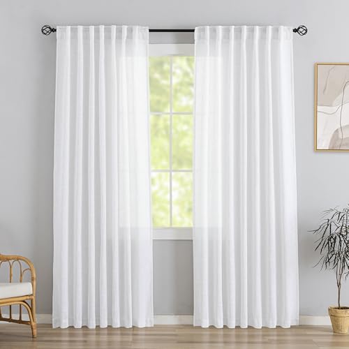 DONREN White Linen Back Tab Curtains 94 Inches Long 2 Panels for Office Room,Modern Village Hooks Belt Pleated Semi Privacy Sheer Light Filtering Drapes for Hallway,W52 x L94