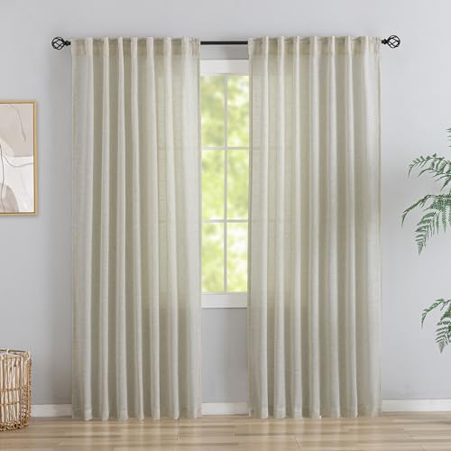 DONREN Linen Back Tab Curtains 90 Inches Long 2 Panels for Bedroom,Modern Farmhouse Hooks Belt Pleated Semi Privacy Drapes Shabby Chic Light Filtering Window Curtains W72 x L90