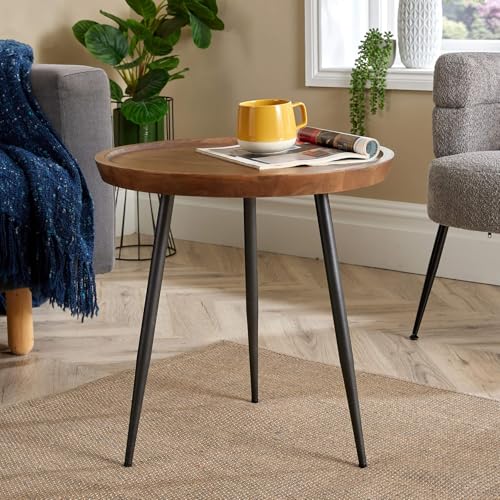 Home Source Mango Wood Round Coffee Table, Grey Iron Legs, Walnut Finish, 55cm