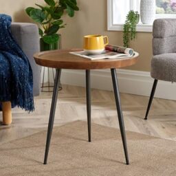 Home Source Mango Wood Round Coffee Table, Grey Iron Legs, Walnut Finish, 55cm