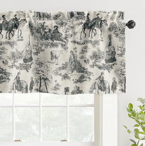 DriftAway Toile Linen Lined Blackout Valance 1 Panel, W52xL18, Black - Farmhouse, French Country, Vintage, Home Decor, Bedroom, Living Room, Kitchen, Window Treatment, Rod Pocket, 2 Layers