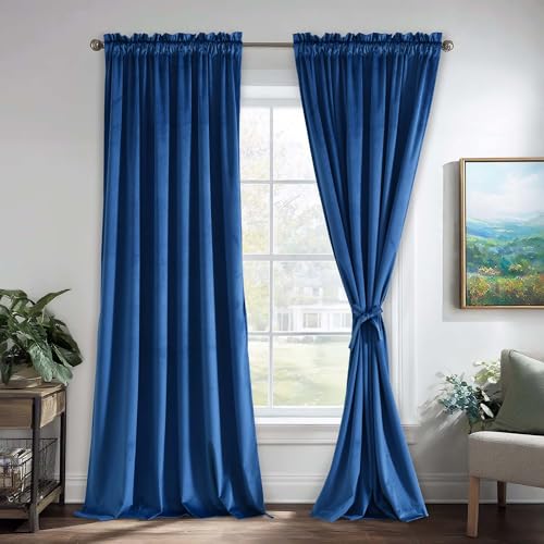 JIUZHEN Blue Velvet Curtains 120 inch Length Thermal Insulated Home Decor Blackout Curtains/Drapes Velvet Curtain Panels for Living Room/Bedroom/Guest Room, Set of 2, 52W x 120L