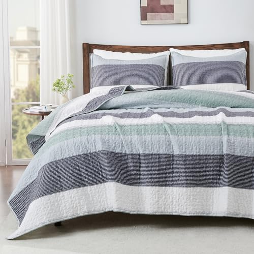 "Andency Queen Quilt Bedding Set Sage Green, 3 Pieces Patchwork Mint Green Striped Ultra Soft Lightweight Bedspreads, Coverlets Set with 2 Pillow Shams for All Seasons (90""x96"")"