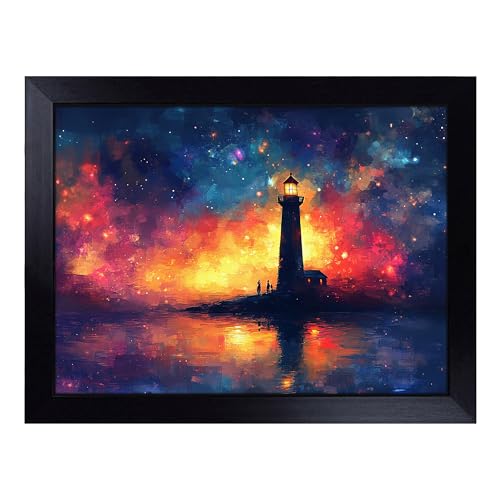 Lap Tray with Bean Bag Cushion, Lighthouse Artwork - Handmade in the UK, Raised Wooden Edge, Padded Cushion, Heat-Resistant Wipe-Clean Surface, for Meals, Laptops and Crafts