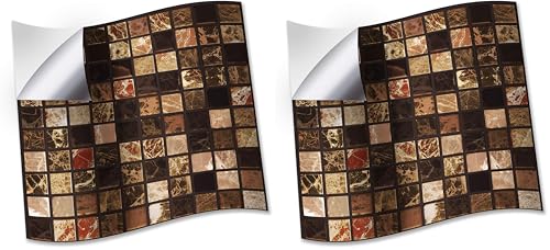 "WALPLUS 15cm (6"") Metallic Brown Marble Mosaic Wall Tile Stickers ??? Pack of 48 Peel and Stick Self-Adhesive Tiles for Kitchen, Bathroom, Backsplash, and Tile Makeover"