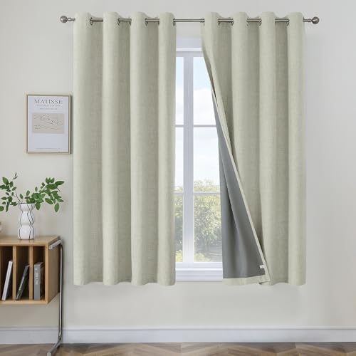 Joydeco Blackout Curtains 63 Inches Long 2 Panels Burg, Room Darkening Curtains for Bedroom, 100% Black Out Textured Thermal Drapes Privacy Protection 2 Panels Set(W42 x L63 Inch, Light Beige)