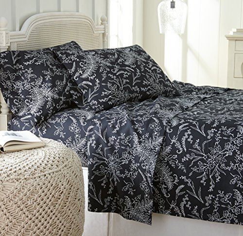 Southshore Fine Living, Inc. Winter Brush, 15 Inch Boho Sheets Queen Size Bed Set, 4-Piece Black Floral Sheets Queen, Autumn Spring Printed Queen Sheet Set, Black with White Flowers