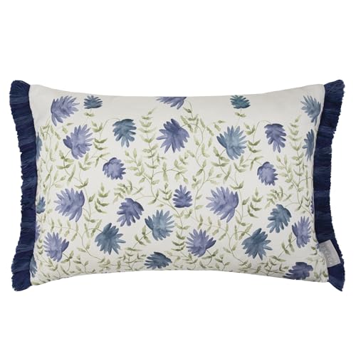 Voyage Maison Elai Feather Filled Cushion – Watercolour Floral Block Print Ruche Trim Boho Country Décor (Denim - 40x60cm)