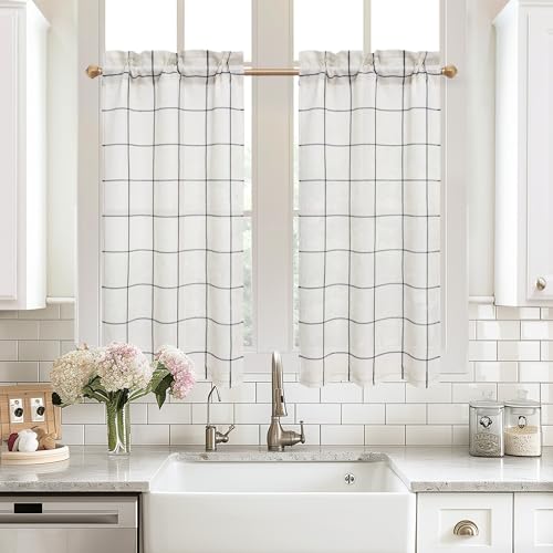 DriftAway Kitchen Curtains Striped Tier Linen Short Curtains Windowpane Plaid Cafe 45 Inch Length for Living Room Bathroom Chris Farmhouse Rustic Rod Pocket 2 Panels Black