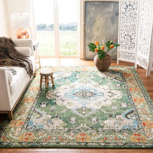 Safavieh Boho Rug for Living Room, Dining Room, Bedroom - Monaco Collection, Short Pile, in Forest Green and Light Blue, 274 x 366 cm