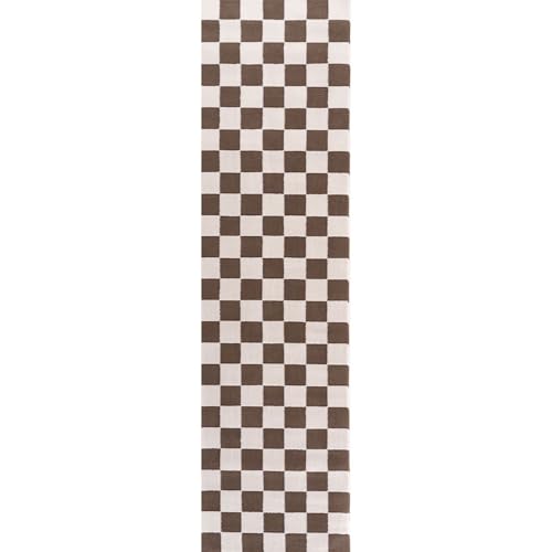 THE RUGS Living Room Rug, Loft Collection – Modern Textured 14mm Soft Pile Area Carpet, Non-Shedding & Easy Care [ Checkerboard Brown, 80x300 cm]