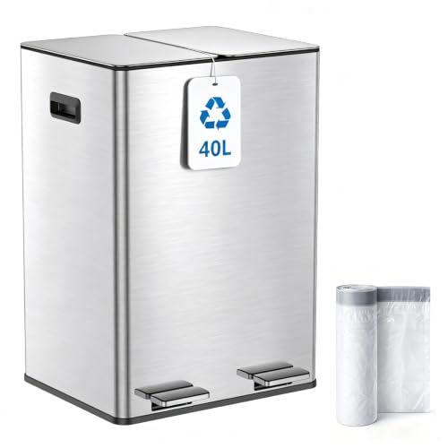 Kitchen Bin, 40L Double Bin, Tall Slim 2 x 20L Stainless Steel Pedal Bin, Dual Bin Rubbish Recycling with Soft-Close Lids and Plastic Inner Buckets, Trash Can for Narrow Spaces, Metal Silver