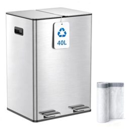 Kitchen Bin, 40L Double Bin, Tall Slim 2 x 20L Stainless Steel Pedal Bin, Dual Bin Rubbish Recycling with Soft-Close Lids and Plastic Inner Buckets, Trash Can for Narrow Spaces, Metal Silver
