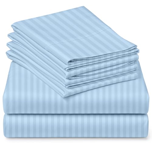 "Mattress-Homes Extra Deep Pocket 6 Piece Queen Sheet Set, Hotel Luxury Collection, 100% Egyptian Cotton, 21"" Deep Fitted Sheet, Soft, Cool & Breathable Bedding with 4 Pillowcases in Light Blue Stripe"