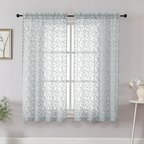"Chyhomenyc Light Grey Short Curtains 45 Inch Length 2 Panels, Light Filtering Leaf Textured Window Curtain Panels for Bedroom Living Room, Elegant Rod Pocket Farmhouse Curtains, 30"" Wx45 L, 2 PCS"