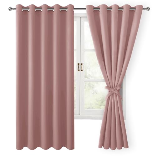 Hiasan Blackout Curtains for Bedroom, 60 x 63 Inches Length - Thermal Insulated & Energy Saving Window Curtains for Living Room, 2 Drape Panels Sewn with Tiebacks, Dusty Rose