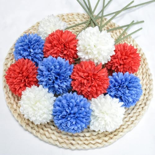 Artificial Flowers Chrysanthemum Ball Flowers 12Pcs Bouquet 4th of July - Home Office Wedding Important People Glorious Moral for Coffee House Party White&Red&Blue