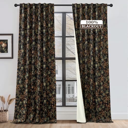 StangH 100% Blackout Black Foral Curtains 108 Inches, Gothic Floor Length Printed Velvet Drapes Back Tab Energy Saving Patterned Window Treatments for Living Dining Room,W52 x L108, 2 Panels