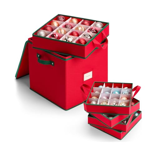 Wintem Christmas Baubles Storage Box in Oxford Fabric Foldable 32 x 32 x 32 cm with 4 Modular Compartments for 64 Decorations, Dust Protection and Easy to Store Under Bed or in the Wardrobe