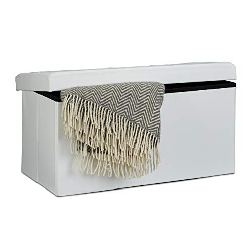 Relaxdays Folding Storage Bench Large Seat, Faux Leather, 38 x 78 x 38 cm, Foldable Footstool Ottoman with Removable Lid, White