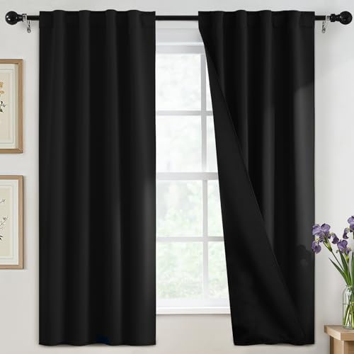SimpleHome 100% Blackout 63 Inch Black Curtains for Living Room - Curtains for Bedroom,Rod Pocket and Back Tab Window Drapes,Room Darkening Curtains with Black Back,40 x 63 Inch,2 Panels
