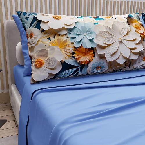 PETTI Artigiani Italiani - Cotton Sheets with Pillowcases in Digital Print, Double Bed Sheet, Double Bed Set, Floral 5 Light Blue, 100% Made in Italy