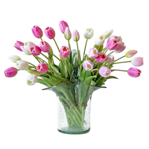 DUYONE 40pcs Artificial Tulips Flowers, Real Touch Latex Bouquet, Fake Tulips for Office Wedding Party Home Kitchen Garden Decoration-B Coral Pink