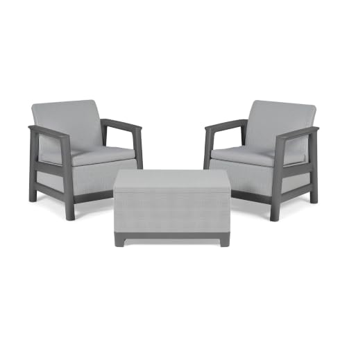 Keter Scandi Linea Balcony Furniture Set - Grey - Outdoor Armchairs & Storage Coffee Table - Weather-Resistant Patio Furniture