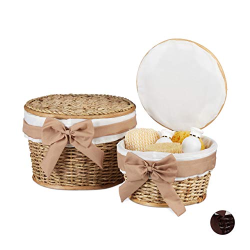 Relaxdays Bathroom Baskets Set of 2, Storage Box Set with Lids, Decorative Buri Wood, Wicker Look, Round, Natural