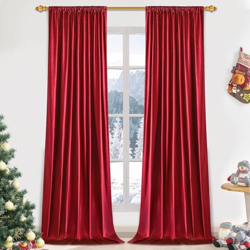 FRAMICS Velvet Curtains for Living Room, Blackout Curtains 63 inch Long, Red Foil Print Drapes for Bedroom, Thermal Insulated Window Treatments Rod Pocket for Christmas Decor, 52x63 inch