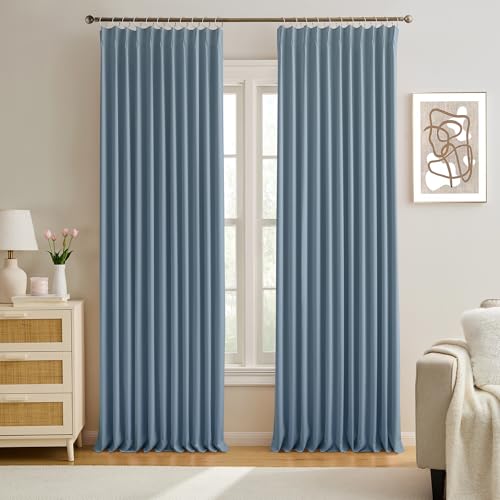 "KEQIAOSUOCAI Pinch Pleated Blackout Curtain Drapes for Window 100"" L - Triple Weave Energy Saving Thermal Room Divider Blackout Panels for Patio (72"" Wide per Panel, 2 Panels, Dusty Blue)"