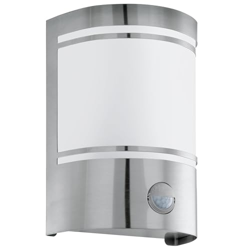 EGLO Cerno Outdoor Wall Light, 1-Bulb Outdoor Light with Motion Sensor, Stainless Steel Sensor Wall Light in Silver and Frosted Glass in White, E27 Socket, IP44