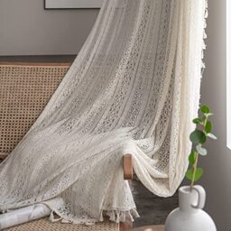 WAZZIO Boho Lace Curtains with Tassel,Vintage Geometric Neutral Curtains 63 inch Length 2 Panel Rod Pocket Crochet Privcy Curtain let Light in Beige Sheer Boho Sheers for Bedroom Living Room,Cream
